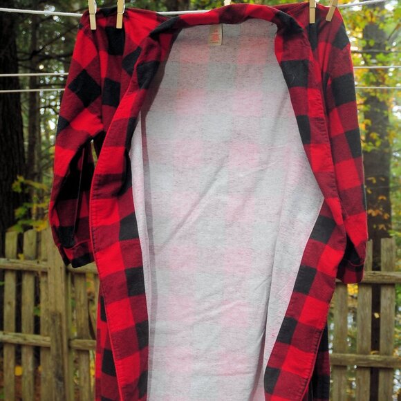 Womens Pottery Barn Red & Black Buffalo Plaid Cotton Flannel Bathrobe Size Small - Picture 7 of 9